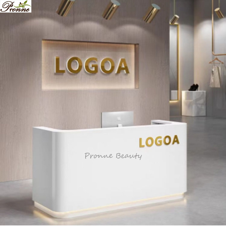 luxury hair salon barber shop spa salon white marble color rcircular reception desk with logo