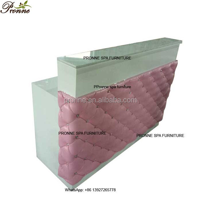 High quality glossy cheap luxury pink tufted reception desk cash desk with marble top