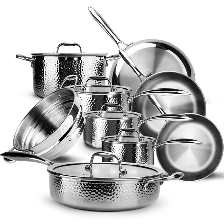 triply clad stainless steel pots and pans with hammered satin design surface luxury cookware set