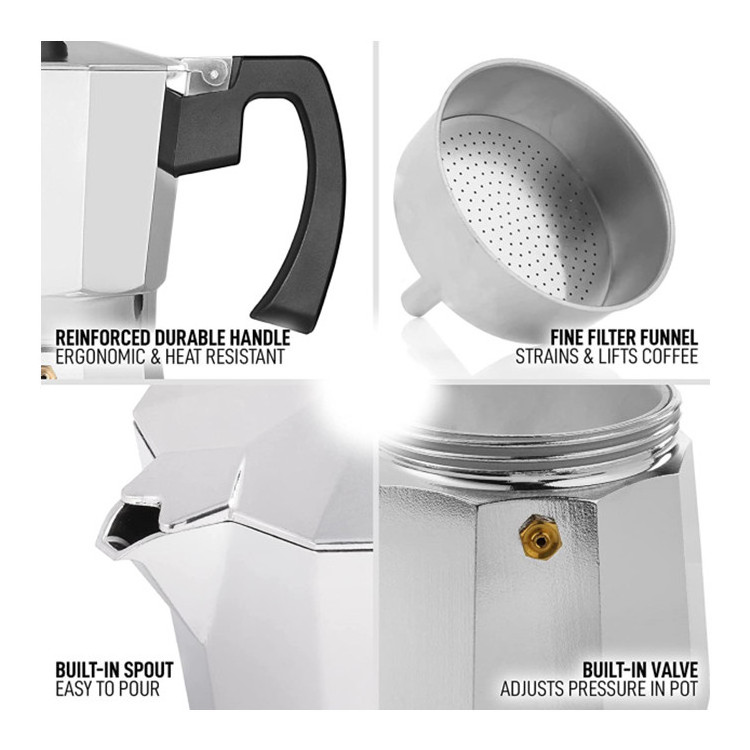 High Quality Custom Eco-friendly Stovetop Espresso Maker Moka Pot Coffee Maker