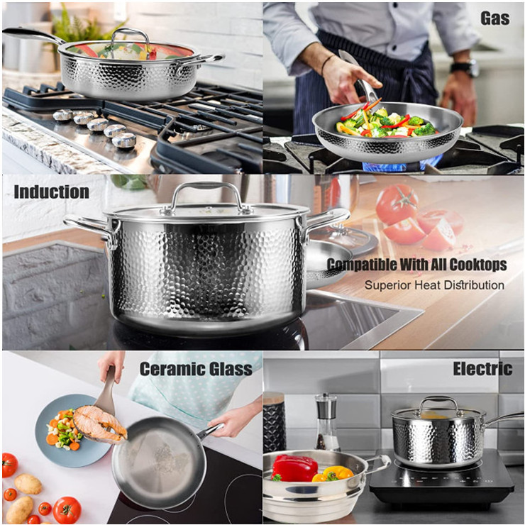 triply clad stainless steel pots and pans with hammered satin design surface luxury cookware set