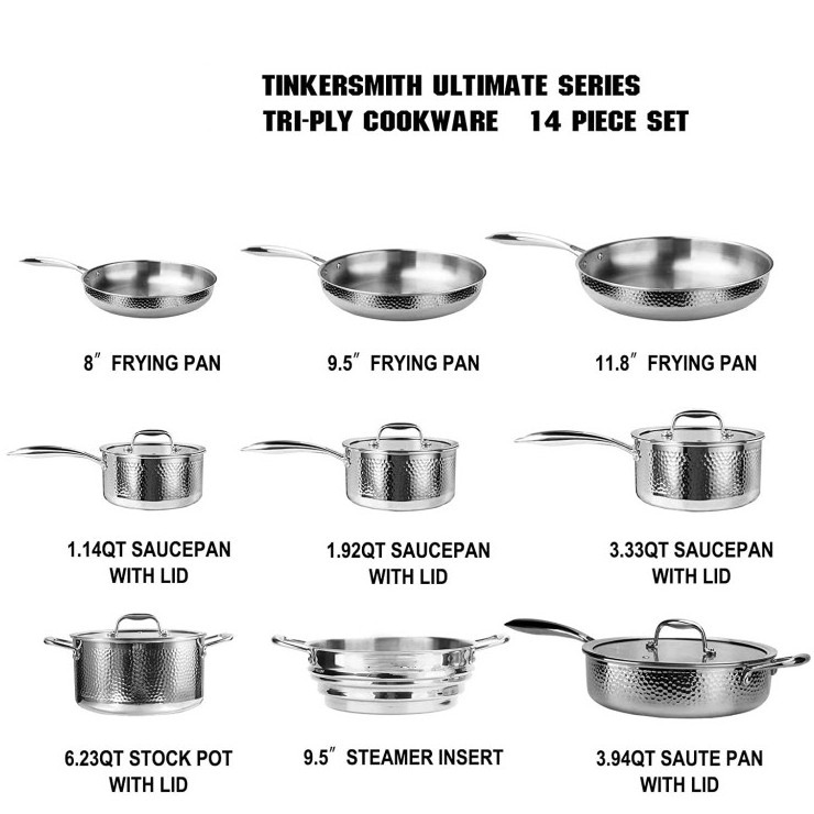 triply clad stainless steel pots and pans with hammered satin design surface luxury cookware set