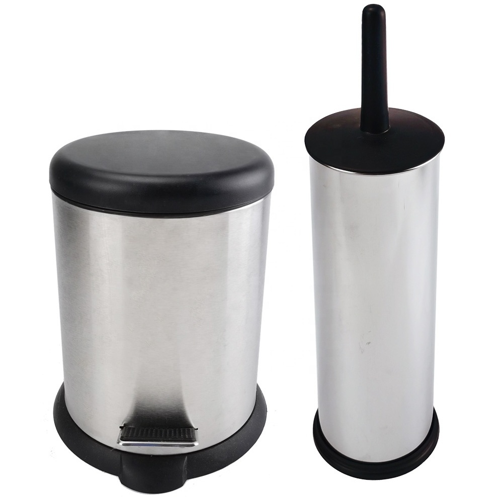 Household Cleaning Brush  and Pedal Bin Set Stainless Steel Toilet Brush Holder  Step Bin Set with Plastic Lid and Handle