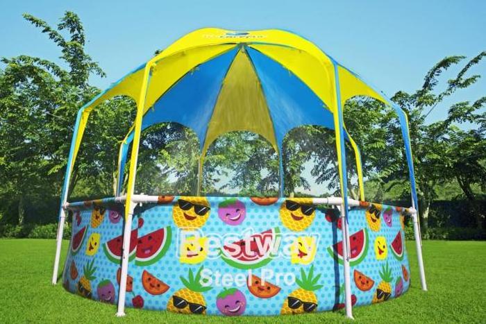 Bestway 56432 Splash Frame Pool in Shade with a Sun Canopy and Sprinkler above ground Swimming Paddling Pool