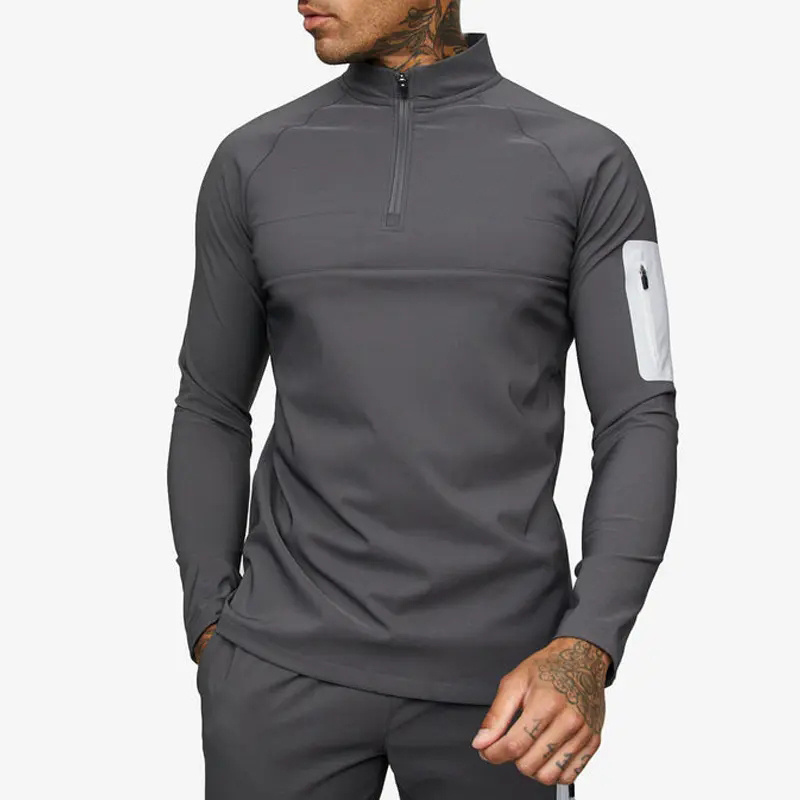 Customize Outdoor Workout Sports Wear Slim Fit 1/4 Quarter Zip Top Long Sleeve Jogging Track Top Men Compression Gym Shirt