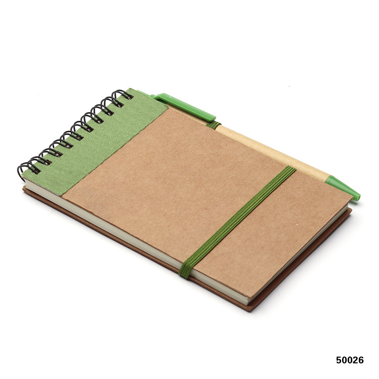 A6 Mini Spiral Notebook Custom Double Wire Kraft Paper Cover Notebook With Colored Pen Attached And Elastic Band