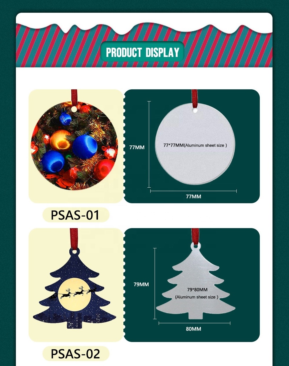 Prosub Sublimation Blank Christmas Decoration Supplies Hanging Ornaments Aluminum Sheet Sublimation Christmas Ornament Blanks