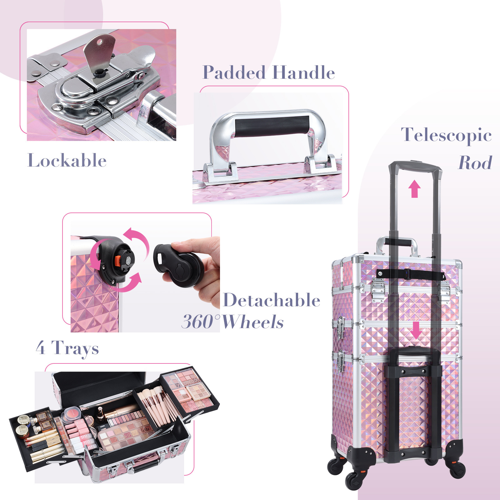 3 In 1 Professional Makeup Trolley Aluminum Cosmetics Travel Vanity Case Rolling Makeup Case Large Capacity Portable