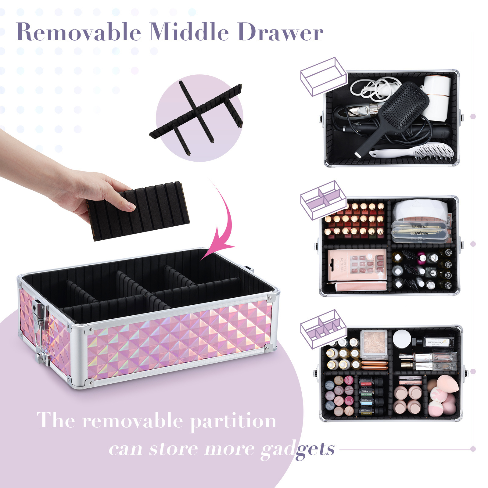 3 In 1 Professional Makeup Trolley Aluminum Cosmetics Travel Vanity Case Rolling Makeup Case Large Capacity Portable