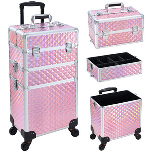 3 In 1 Professional Makeup Trolley Aluminum Cosmetics Travel Vanity Case Rolling Makeup Case Large Capacity Portable