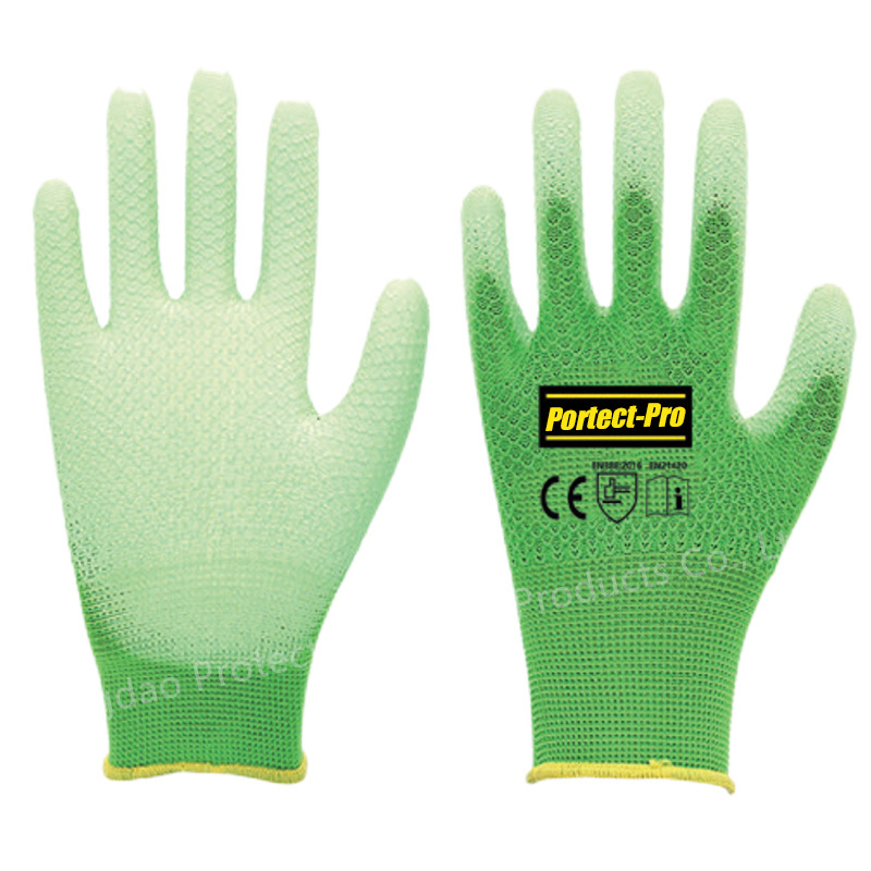 13 Gauge Green Polyester Nylon Knitting White PU Palm Coated Gloves Honeycomb Knitting Style