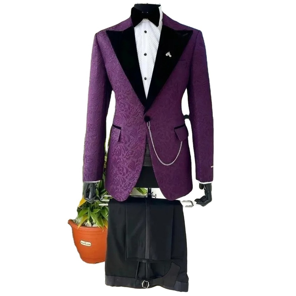 Custom Men's High Quality Embroidery Purple Suits 3 Pieces Plus Size Slim Fit Single Breasted Forms Wedding Dress Tuxedo For Men