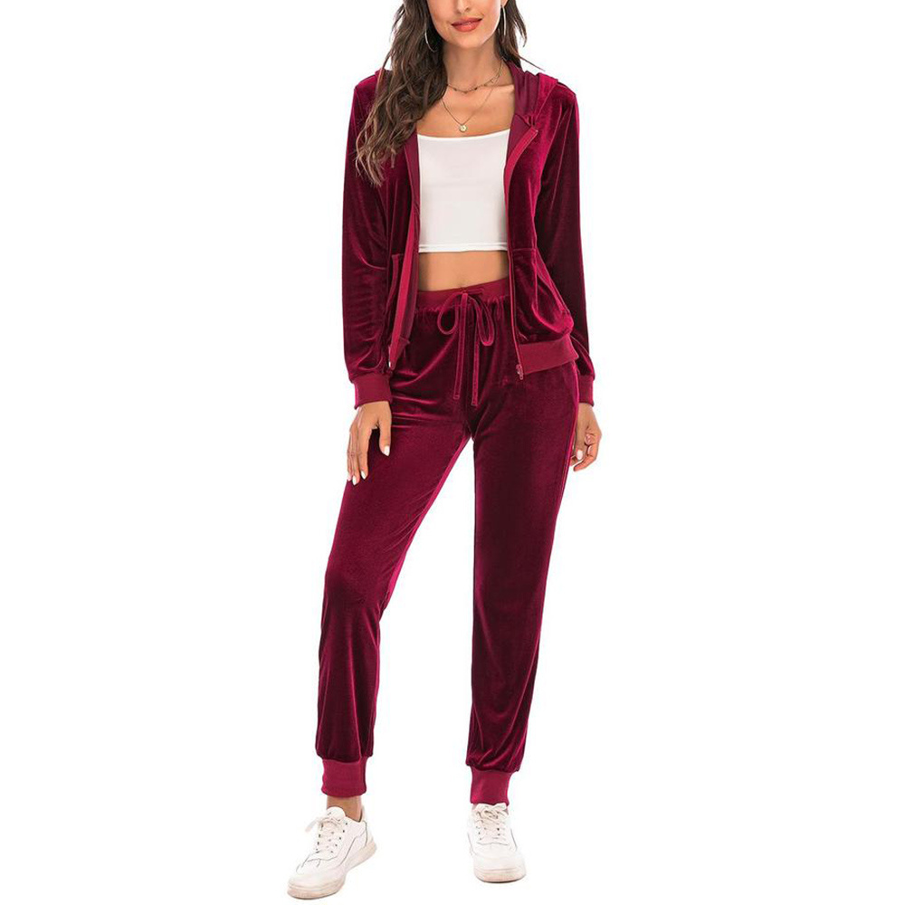 OEM Casual Maroon Women Fashion Custom Plain Velour Tracksuit Women Velvet Joggers Tracksuits Women New Winter Jacket Tracksuits