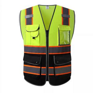 Customize Logo sleeveless security hi viz yellow black breathable vests with pockets engineer reflective safety vest