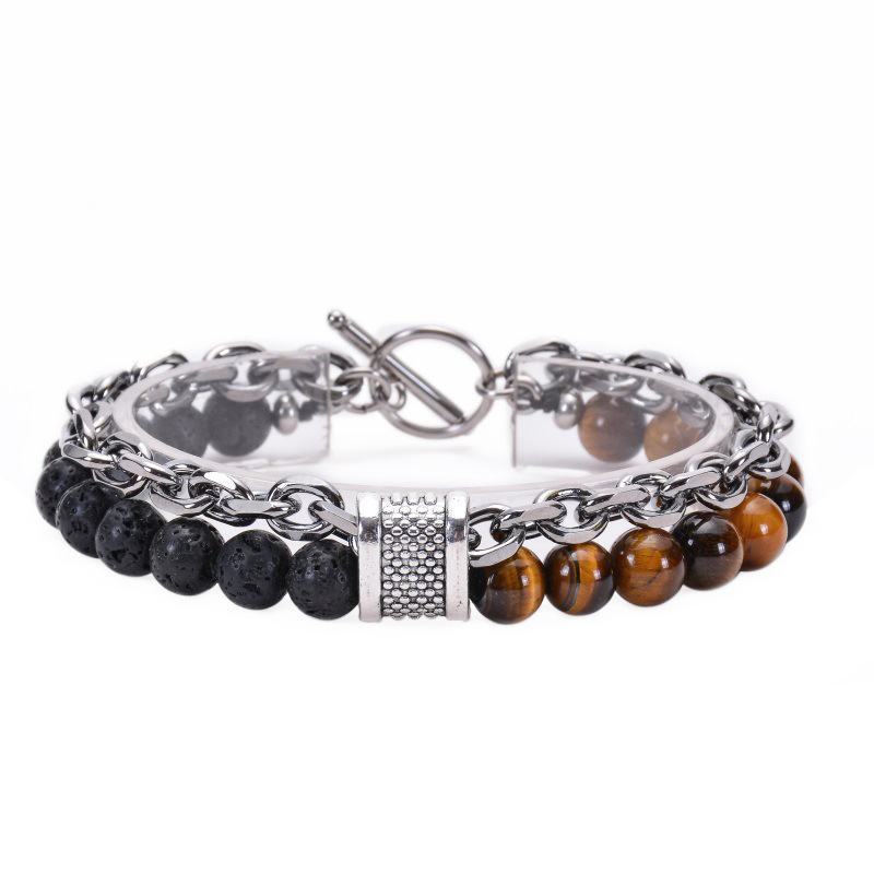 Lava Stone Tiger eye Polish Black Agate Stainless Steel Chain Men Bracelet ST059