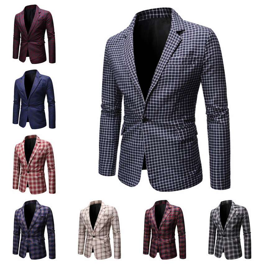 Fashion Mens Suit Slim Fit plaid Wedding office Business Lapel Blazer plaid suit top men