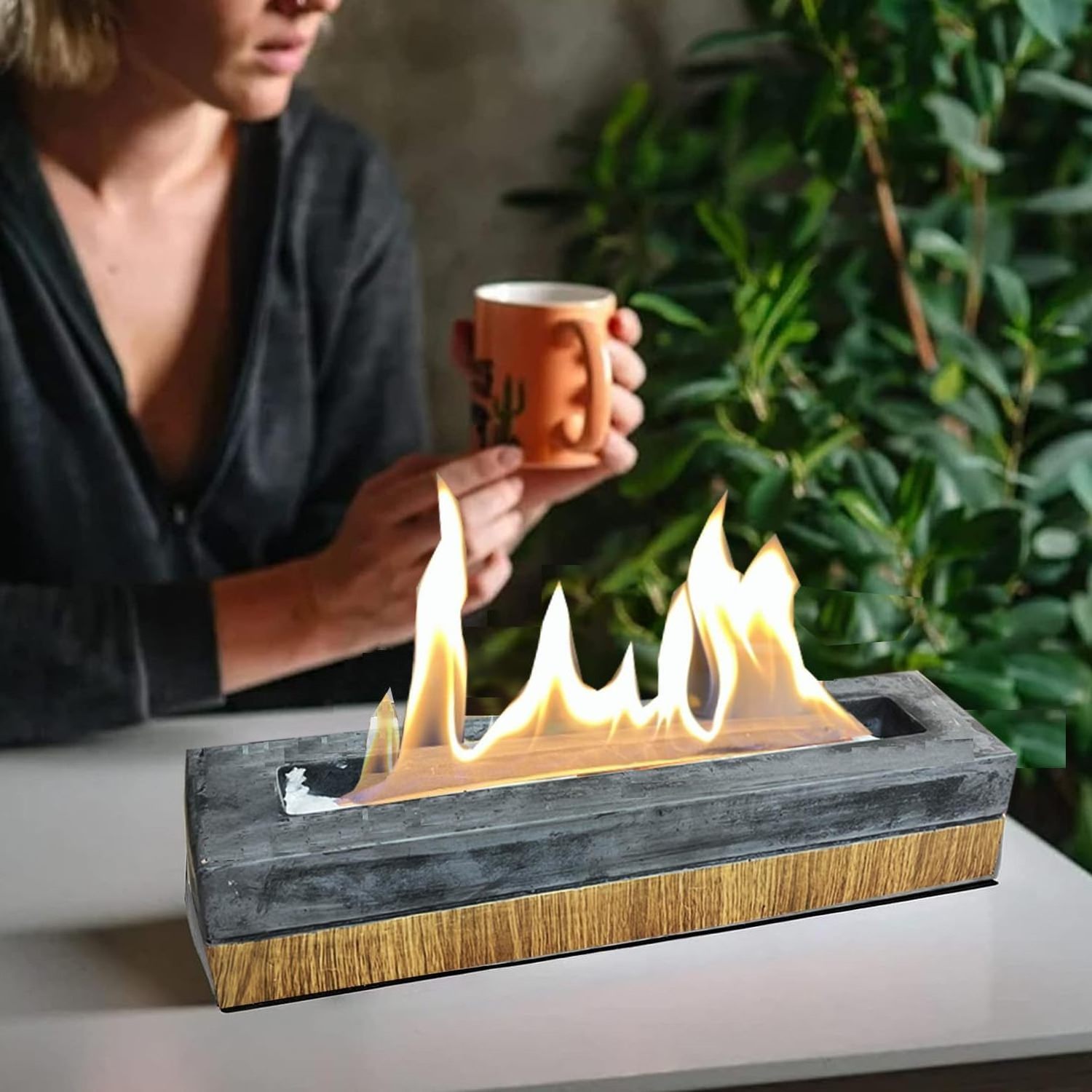 Rectangle Bio ethanol Fireplace Wood Grain Mini Firepit with Real Flame Tabletop Alcohol Fire Pit for indoor and outdoor