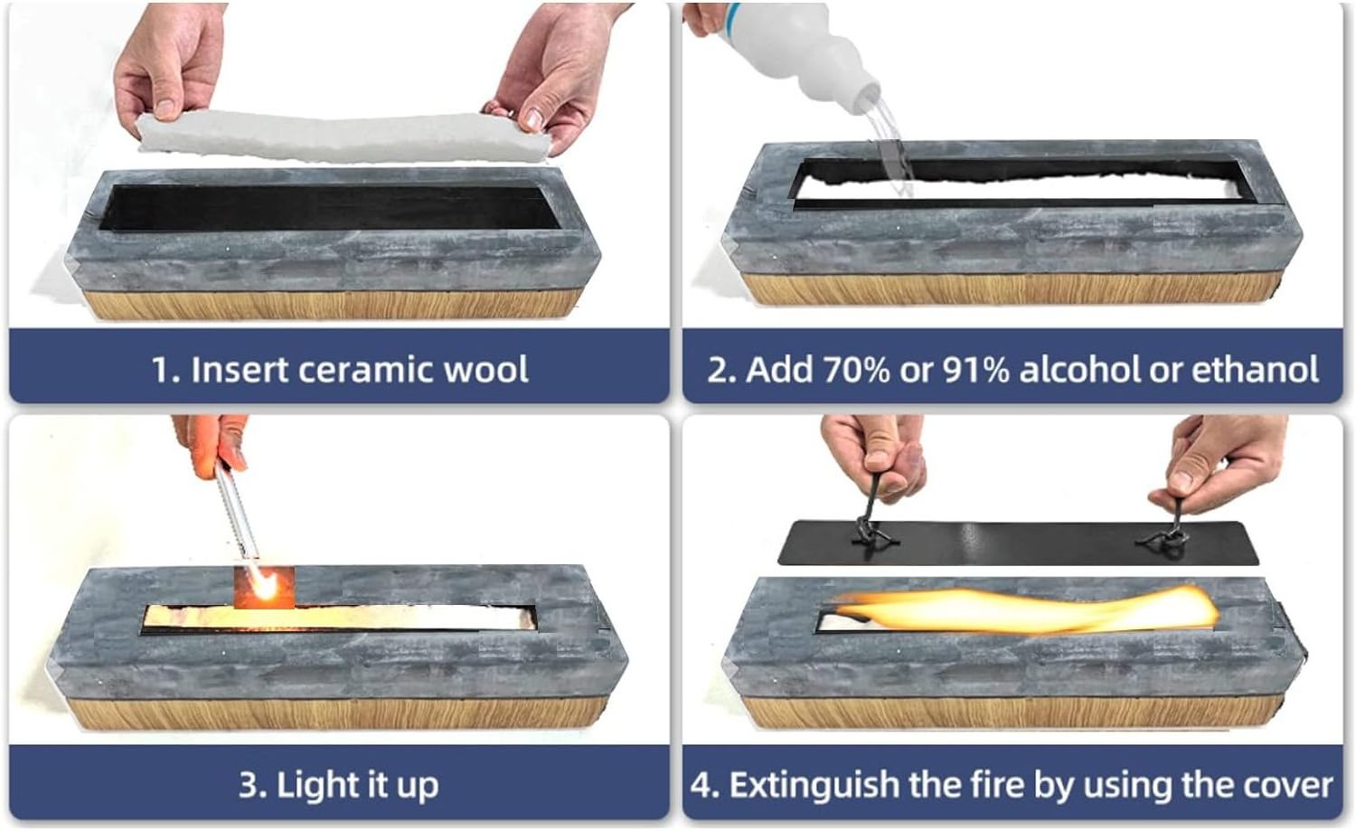 Rectangle Bio ethanol Fireplace Wood Grain Mini Firepit with Real Flame Tabletop Alcohol Fire Pit for indoor and outdoor