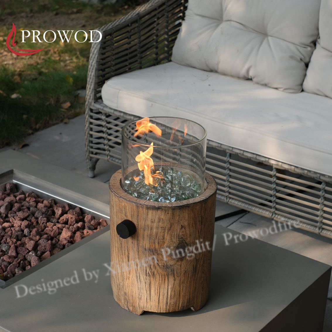 MGO Outdoor Fireplace Wood Grain Gas Propane Tabletop Fire Pits with Windscreen