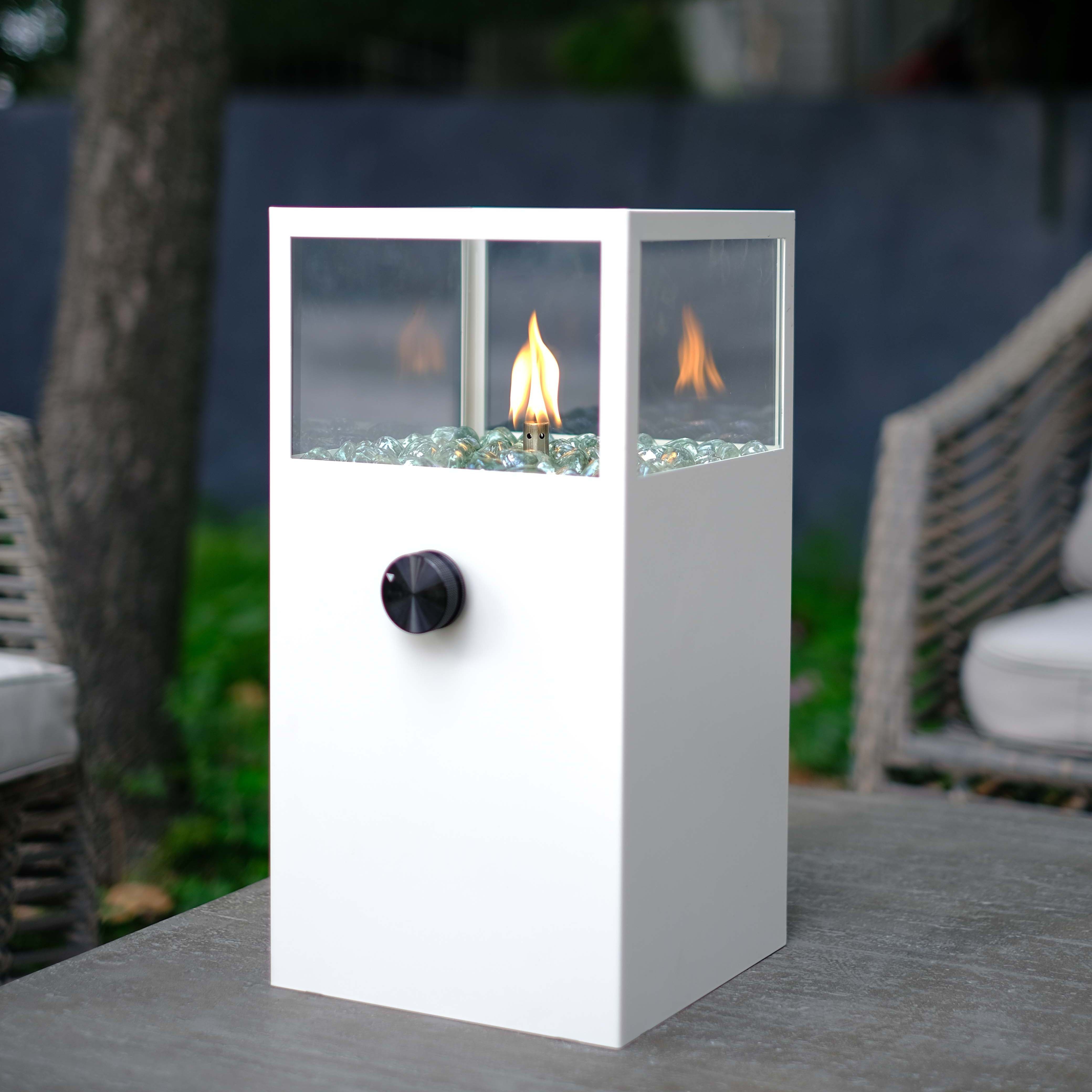 Outdoor White Portable Patio Heaters, Stainless Steel Square Gas Lantern, Tabletop Burner Fire Pits