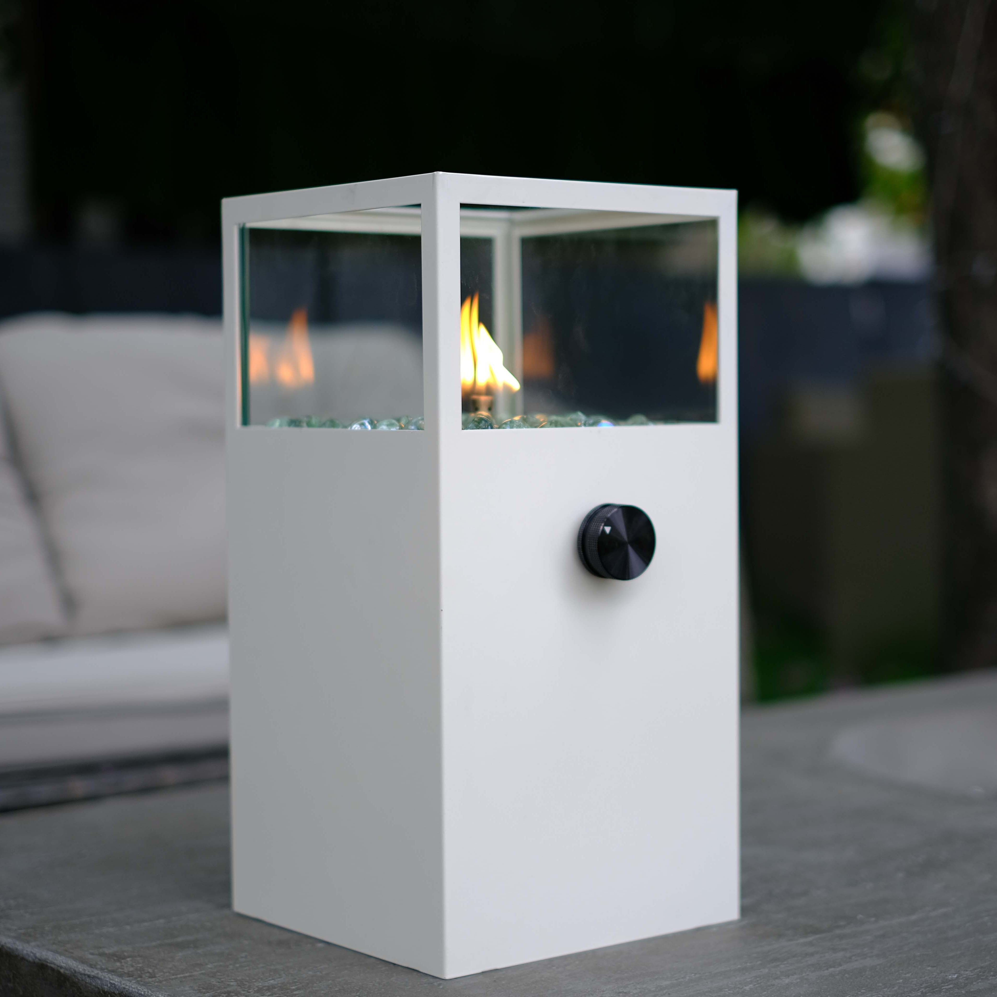 Outdoor White Portable Patio Heaters, Stainless Steel Square Gas Lantern, Tabletop Burner Fire Pits