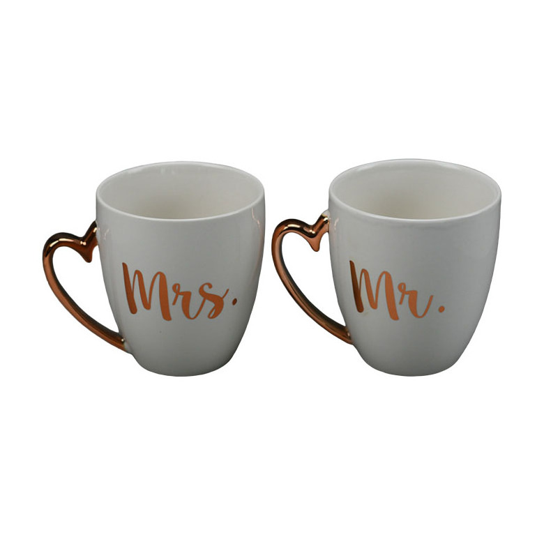 Wholesale wedding souvenir gift coffee cup ceramic Mr and Mrs mugs with gold handle