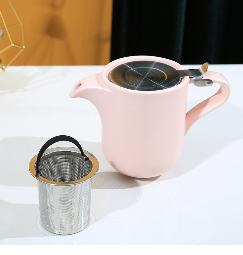 15OZ 450ML White Pink Heat Resistant Tea Kettle Ceramic Tea Pot Teapot With Stainless Steel Infuser For Loose And Blooming Tea