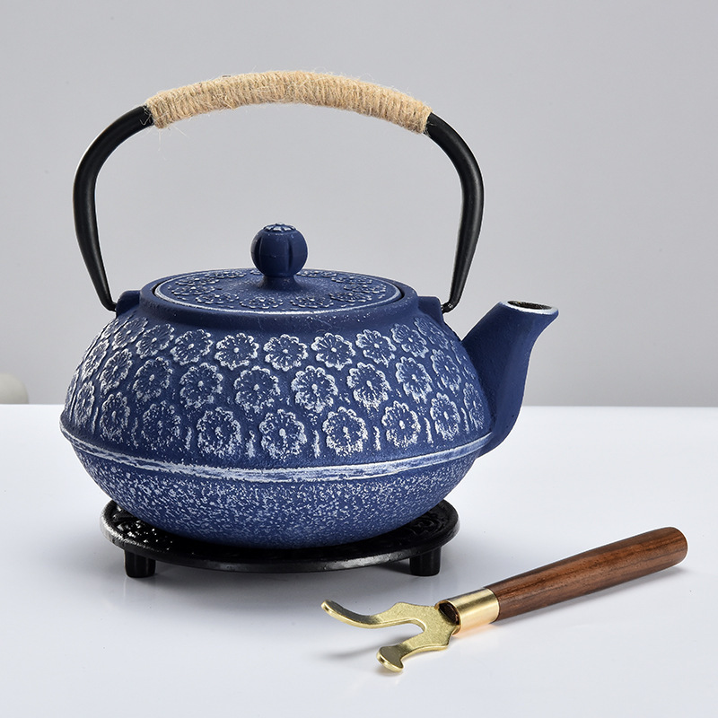 34oz Japanese Style Tetsubin Tea Kettle Internal Enamel Blue Iron Teapots with Stainless Steel Infuser for Coffee Tea Bags