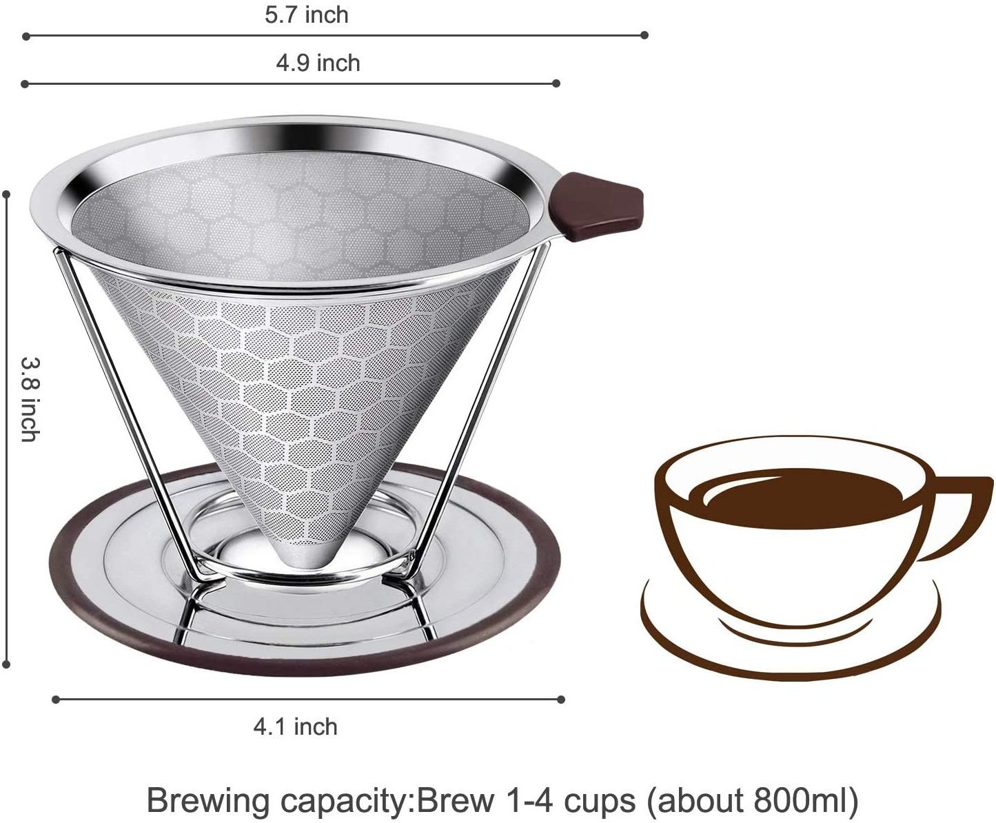 2 Cups4 Cups Pour Over Coffee Cone Dripper Paperless Stainless Steel Coffee Filter With Stander