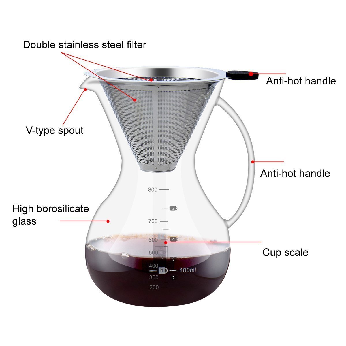 400 600 800Ml Cold Brew Pour Over Coffee Maker Borosilicate Glass Coffee Pot Stainless Steel Dripper Coffee Maker With Handle