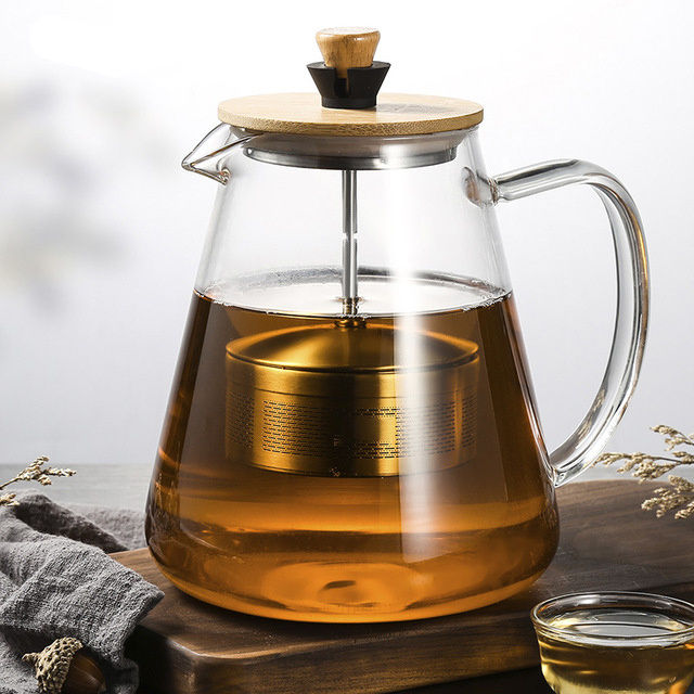 Foldable Tea Infuser Loose Leaf Tea Maker Bamboo Lid Clear Tea Kettle Glass Teapot with Removable Stainless Steel Infuser