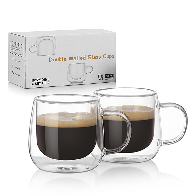 10oz Glass Insulated Clear Tea Cups Double Wall Glass Coffee Mugs with Handle Perfect for Espresso Latte Cappuccinos