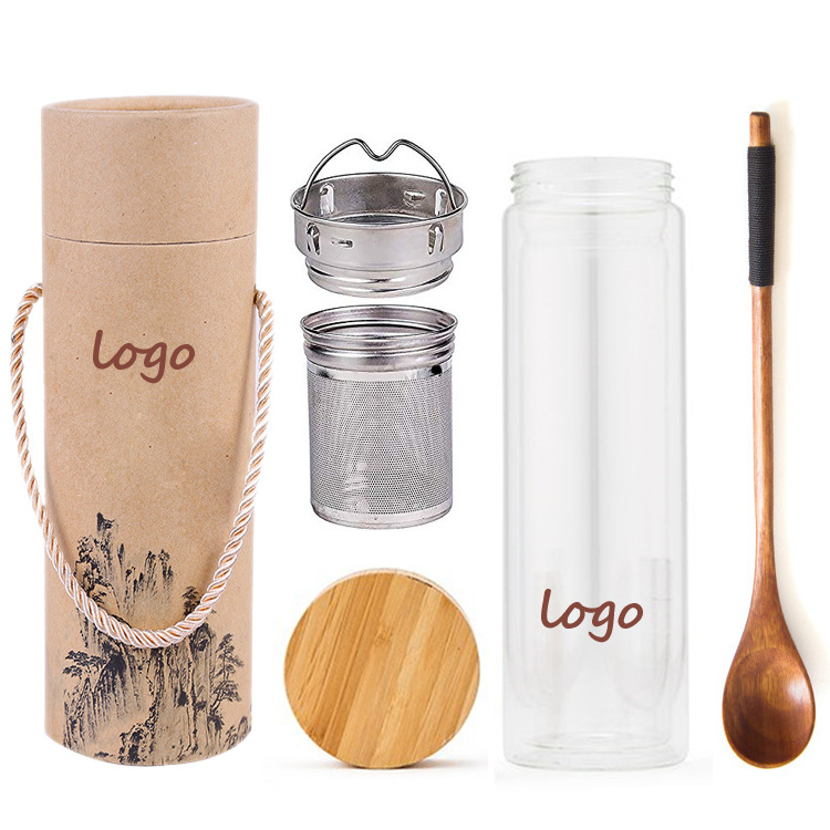 400ml 500ml Custom Logo Lower MOQ Double Wall Vacuum Glass Tea Bottle with Stainless Steel Long infuser and Bamboo Lid