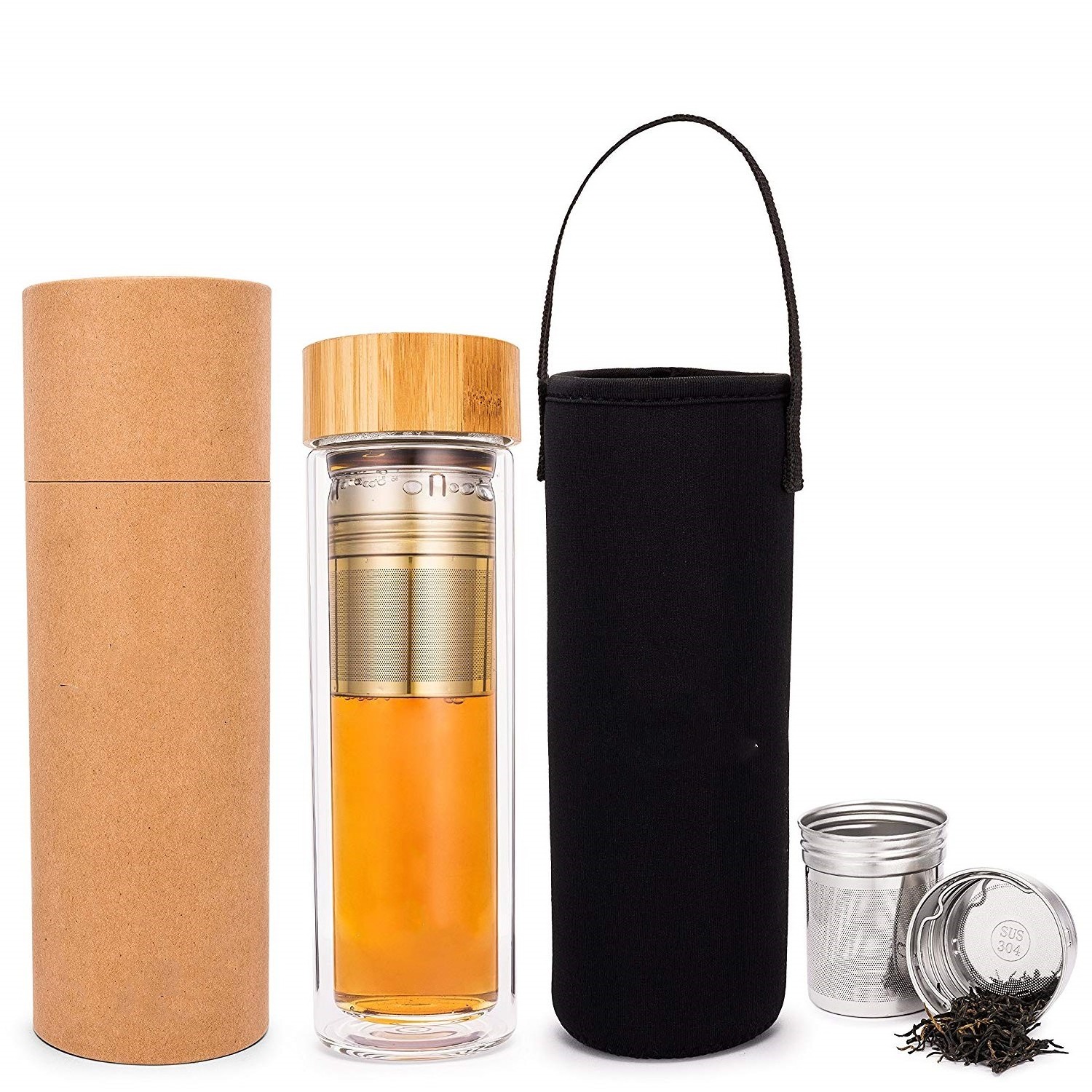 13oz Leak Proof Double Wall Glass Water Bottle Tea and Water Separation Tea Bottle Mug Cup with Tea Infuser