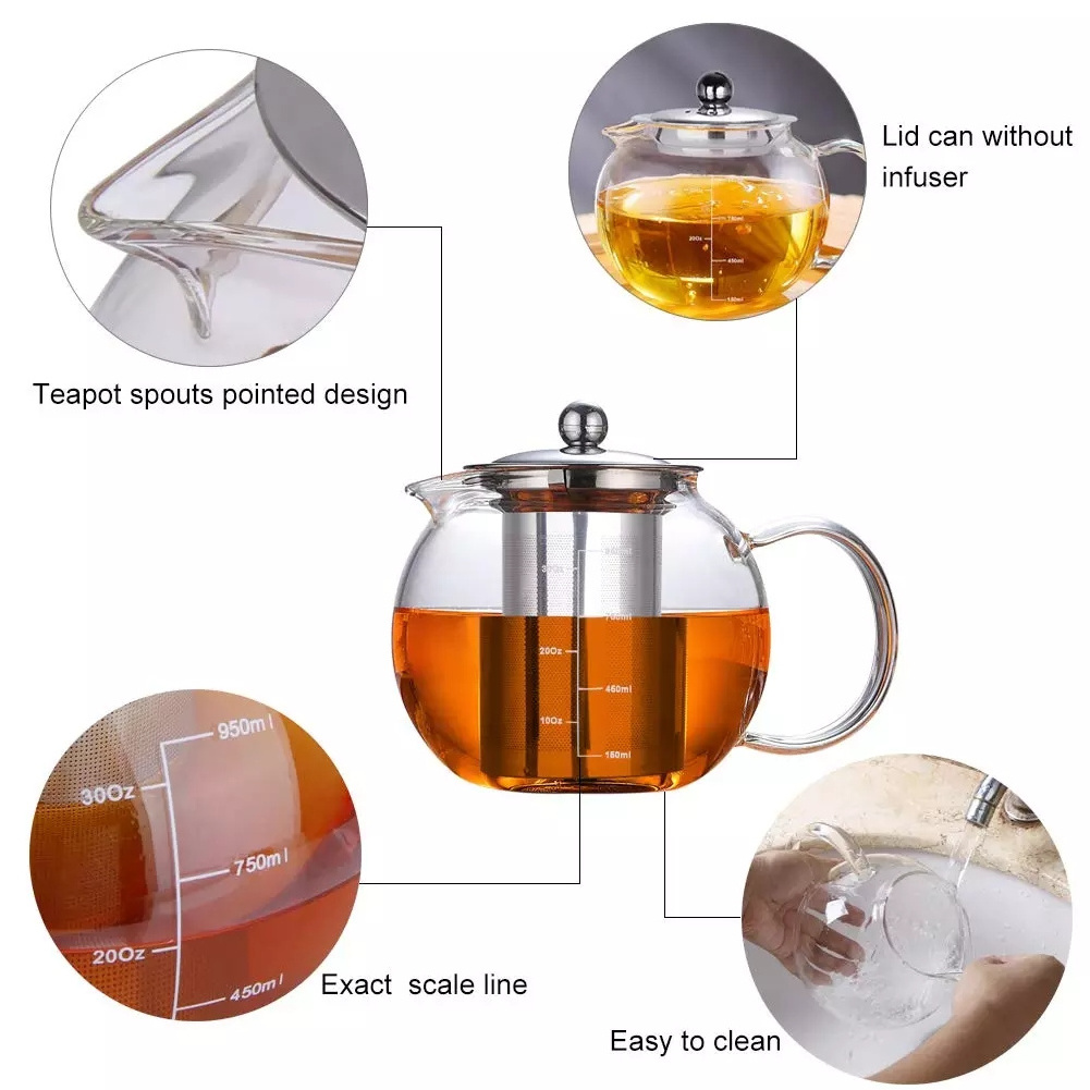 22OZ Tea Kettle Ice Tea Maker Customized Clear Heat Proof Glass Teapot with Removable Loose Tea Infuser