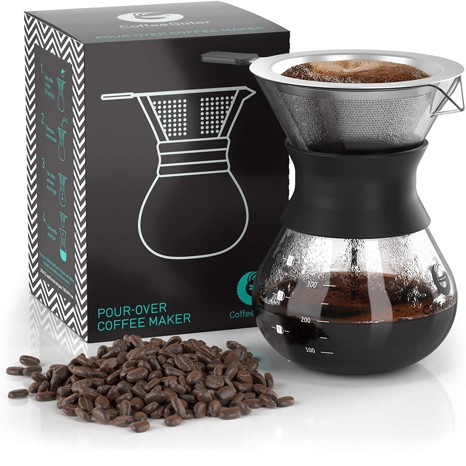 400ml Pour Over Coffee Maker BPA-Free Glass Coffee Dripper Brewer Carafe with Reusable Double-layer Stainless Steel Filter