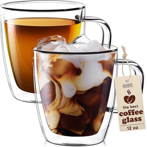 12 oz 16oz Double Wall Insulated Clear Glass Coffee Mugs With Handle for Espresso Latte Cappuccino or Tea