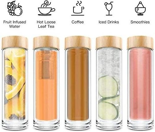 15oz 450ml Bamboo Lid Travel Mug with Strainer Tea Infuser Bottle Glass Tea Tumbler for Tea Coffee Fruit Infusions