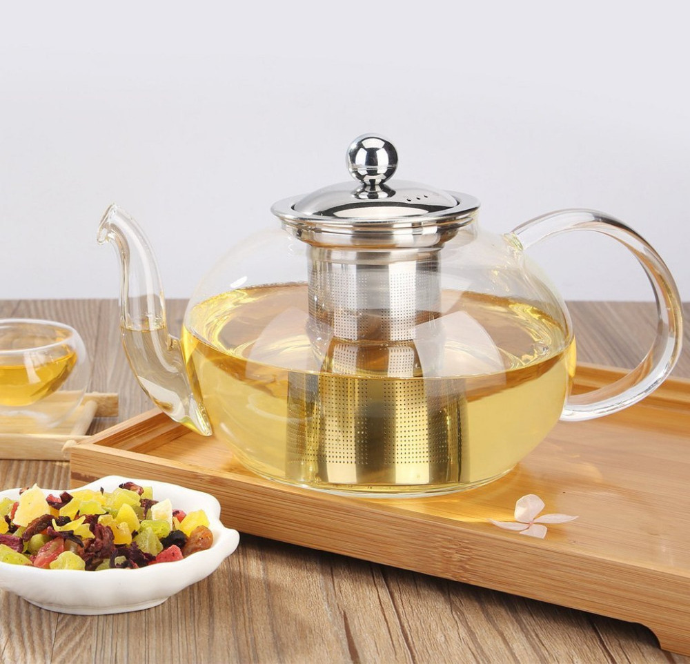 800ml Glass Tea Pot with Stainless Steel Tea Infuser Filter Bakset Stovetop Safe Glass Tea Kettle