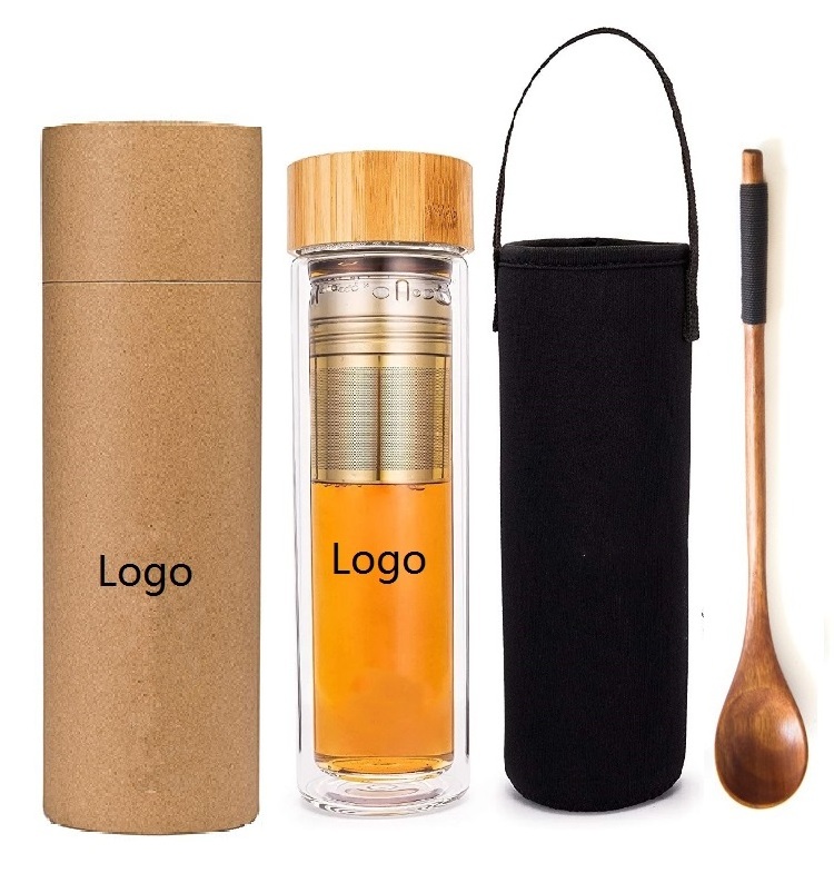 15oz 450ml Bamboo Lid Travel Mug with Strainer Tea Infuser Bottle Glass Tea Tumbler for Tea Coffee Fruit Infusions