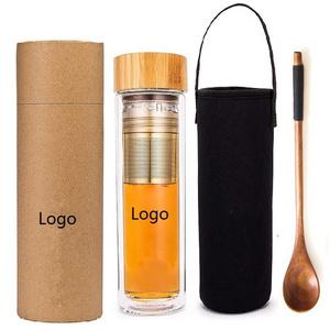 15oz 450ml Bamboo Lid Travel Mug with Strainer Tea Infuser Bottle Glass Tea Tumbler for Tea Coffee Fruit Infusions