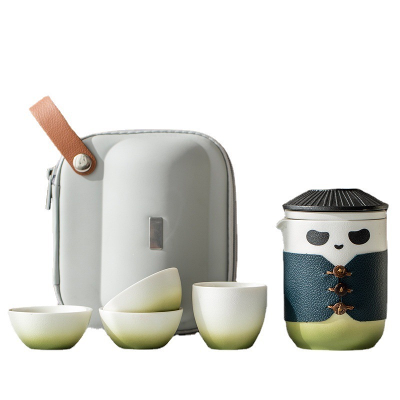 Panda Mini Travel Ceramic Tea Pot Set Chinese Kung Fu Teapot, 1 Pot 4 Cups Porcelain Teacup with Tea Infuser