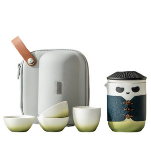 Panda Mini Travel Ceramic Tea Pot Set Chinese Kung Fu Teapot, 1 Pot 4 Cups Porcelain Teacup with Tea Infuser