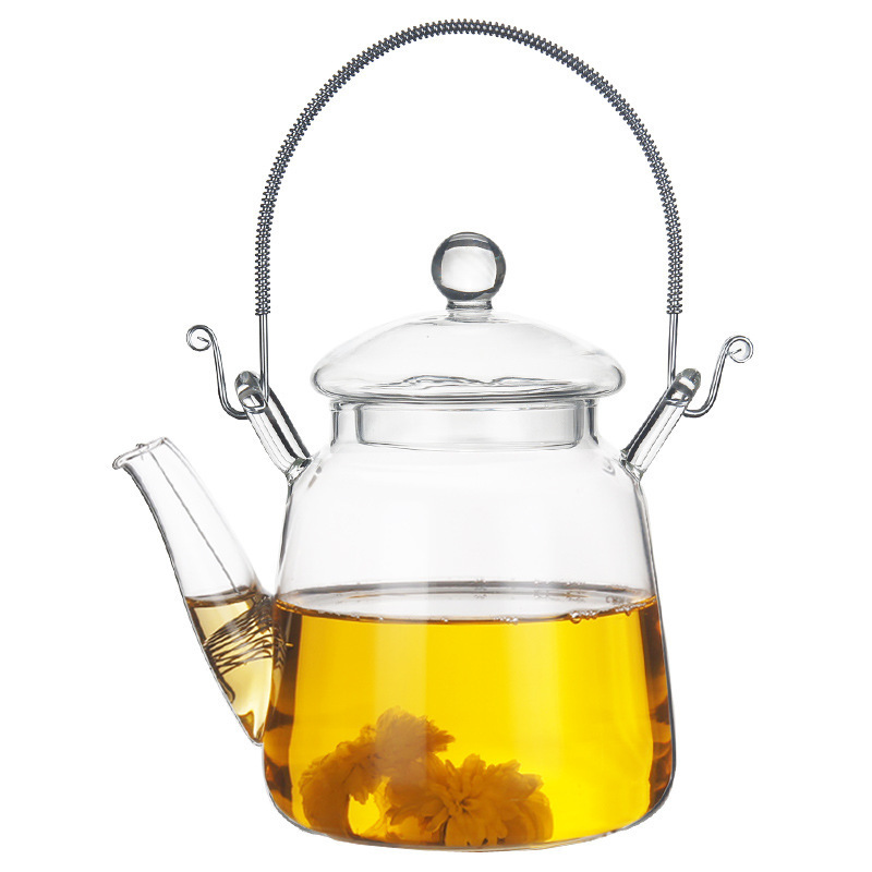 12oz Stainless Steel Handle Cute Loose Leaf Tea Maker Elegant Clear Borosilicate Glass Tea Pot with Long Spout