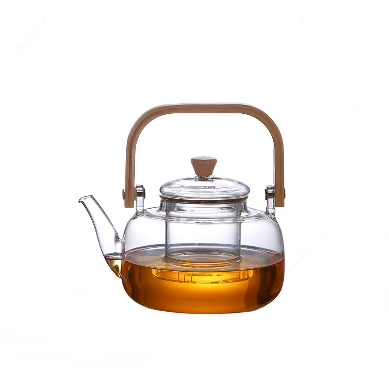 1 Liter Heat Resistance Hand Craft Clear Loose Leaf Teapot Bamboo Wood Handle Borosilicate Glass Tea Kettle with Infuser