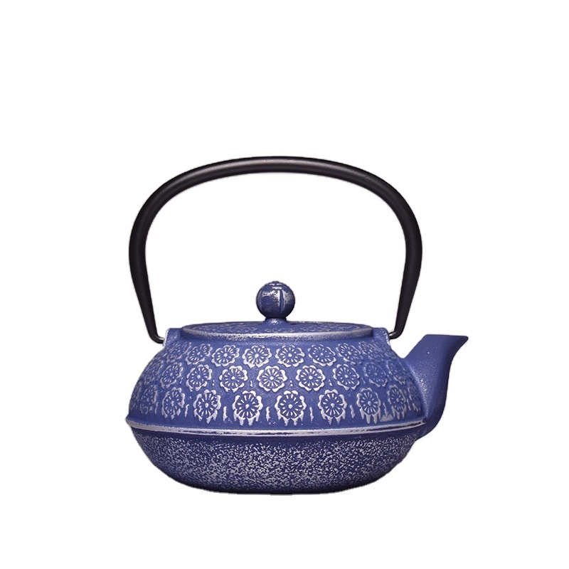 32oz Blue Flower Design Teapot Coated with Enameled Interior Tea Kettle Cast Iron Teapot with Stainless Steel Infuser