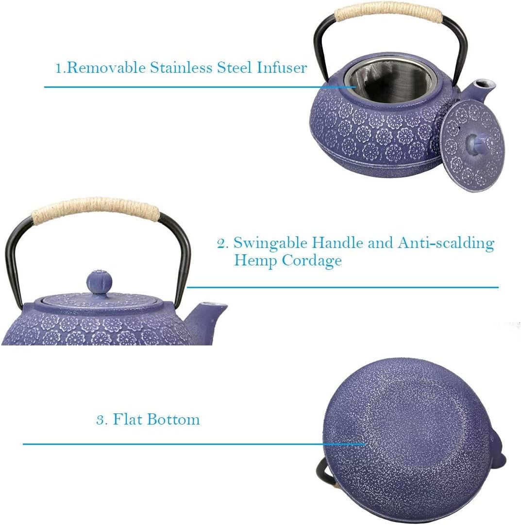 32oz Blue Flower Design Teapot Coated with Enameled Interior Tea Kettle Cast Iron Teapot with Stainless Steel Infuser