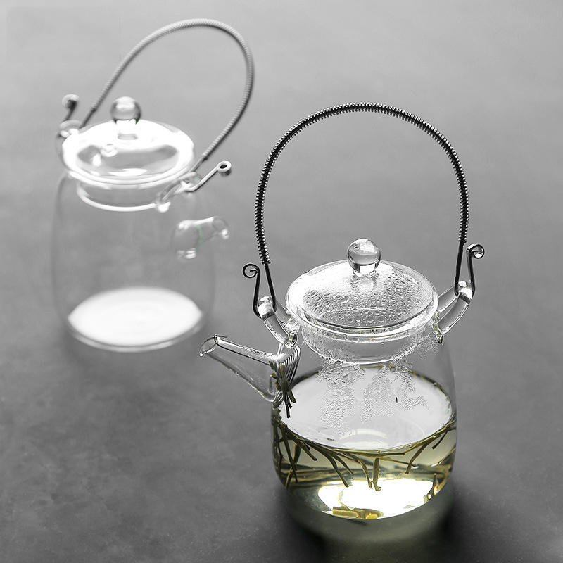 12oz Stainless Steel Handle Cute Loose Leaf Tea Maker Elegant Clear Borosilicate Glass Tea Pot with Long Spout