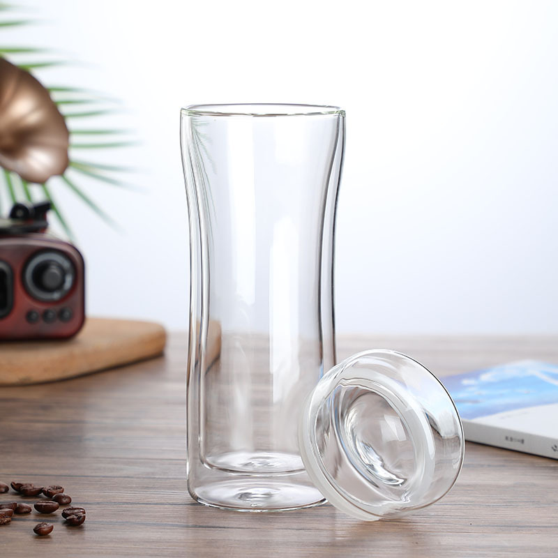 400Ml Custom Glass Mug Writing Logo Mug Flower Double Glass Two Layer Insulate Glass Cup With Lid