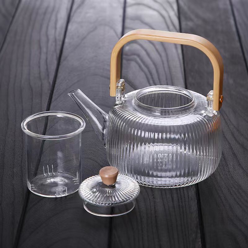 1 Liter Heat Resistance Hand Craft Clear Loose Leaf Teapot Bamboo Wood Handle Borosilicate Glass Tea Kettle with Infuser